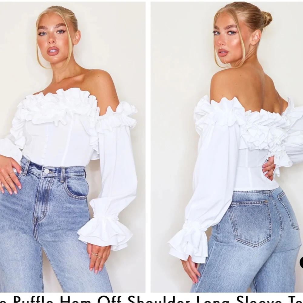 Prettylittlethings Ruffle Hem Off Shoulder Long Sleeve Top White 12 NWT IN PKG